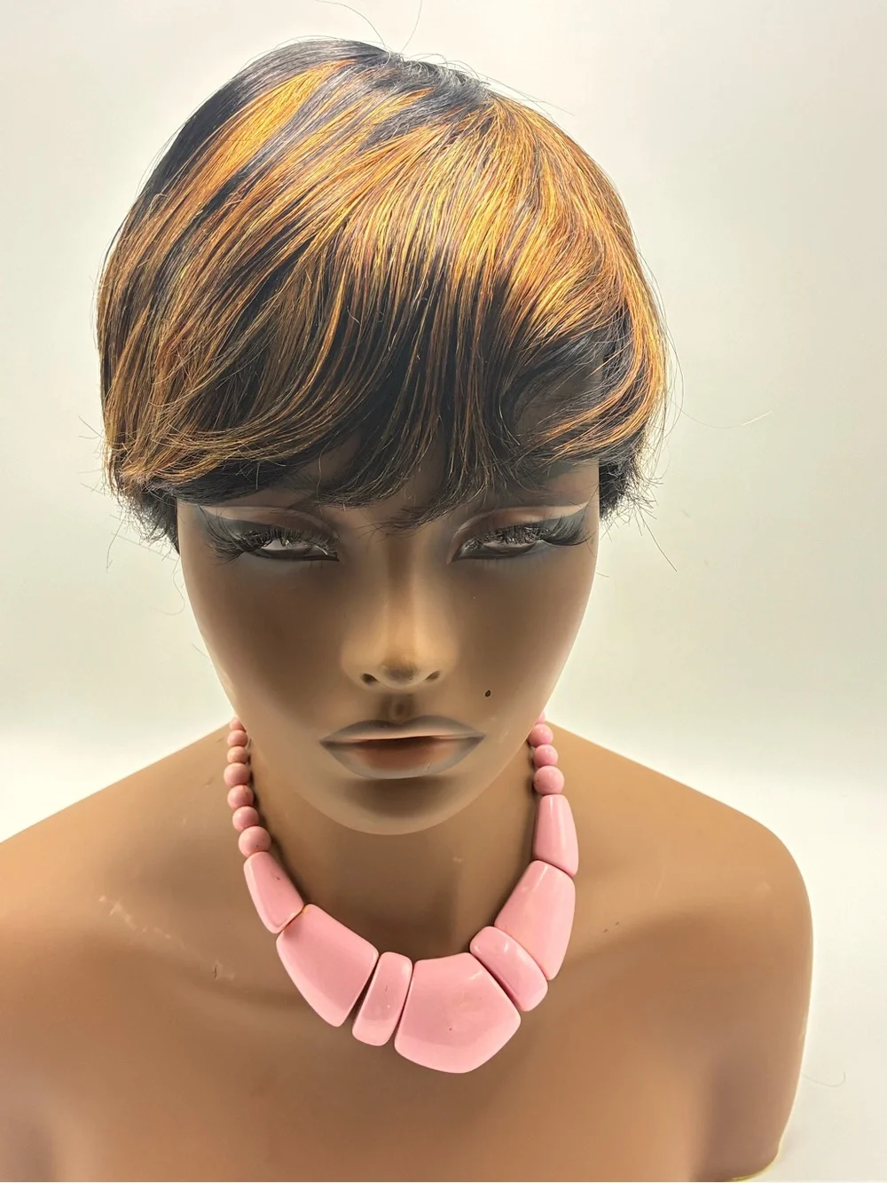 Short Black Wig with Golden Highlights - Stylish Women's Hair.  Human Hair